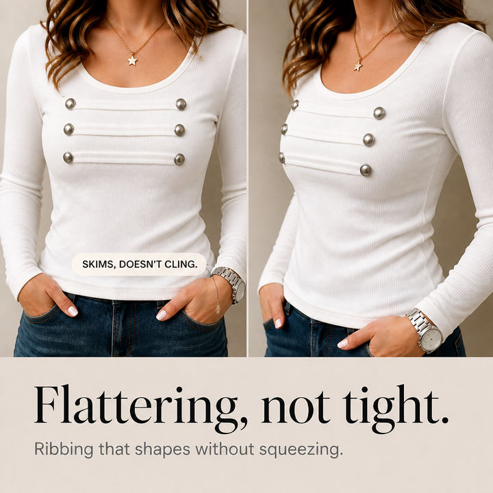 Buttonelle – Silver-Button Strap Ribbed Long-Sleeve Top