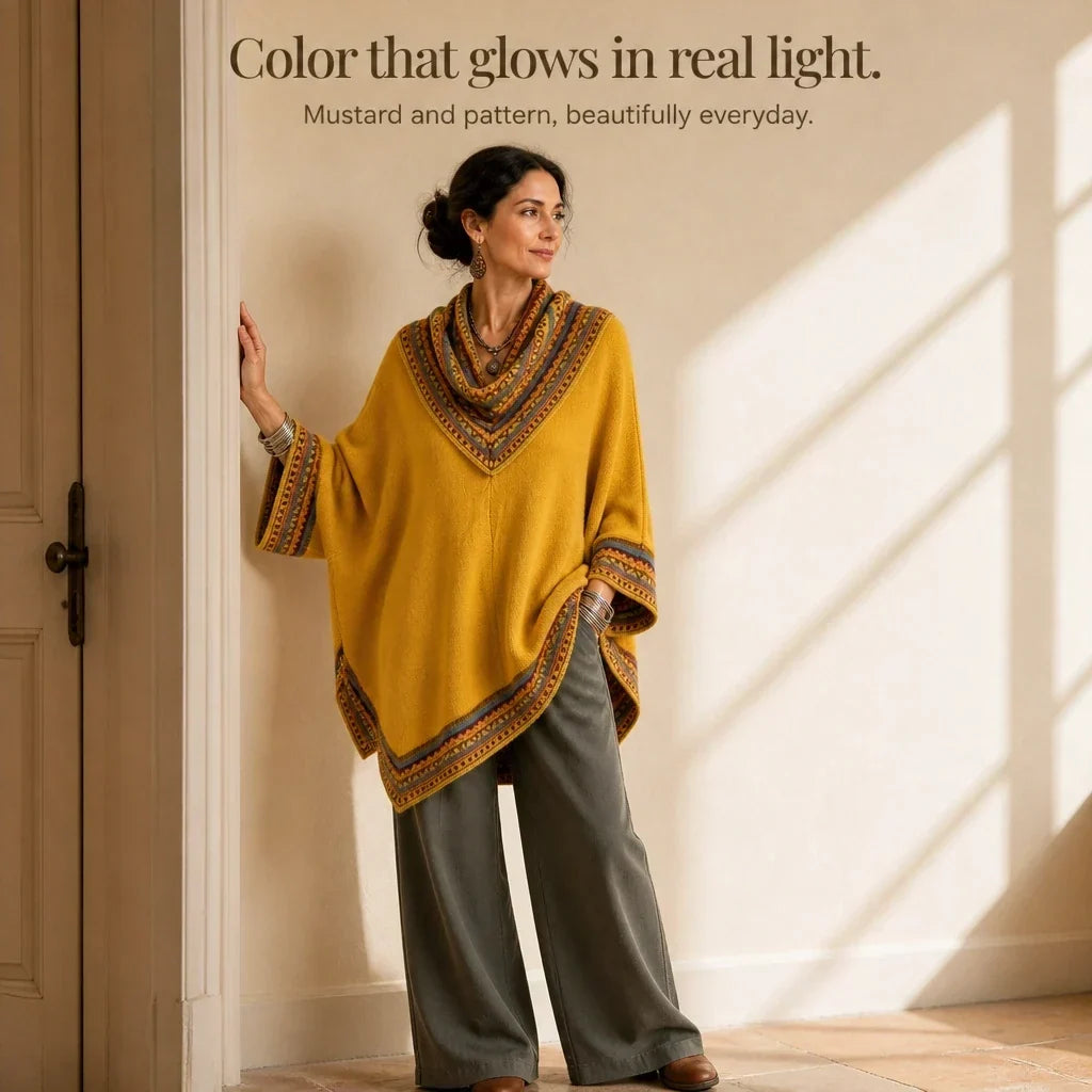 Cowl & Clover Geometric Cowl-Neck Knit Poncho Top - Elena Harper