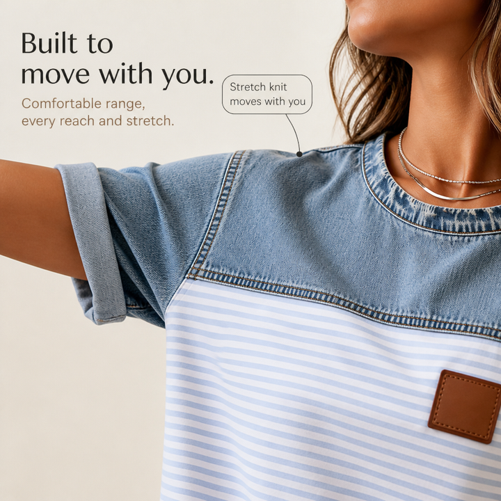 Denimelle Denim-Look Yoke Ribbed Color-Block Top - Elena Harper