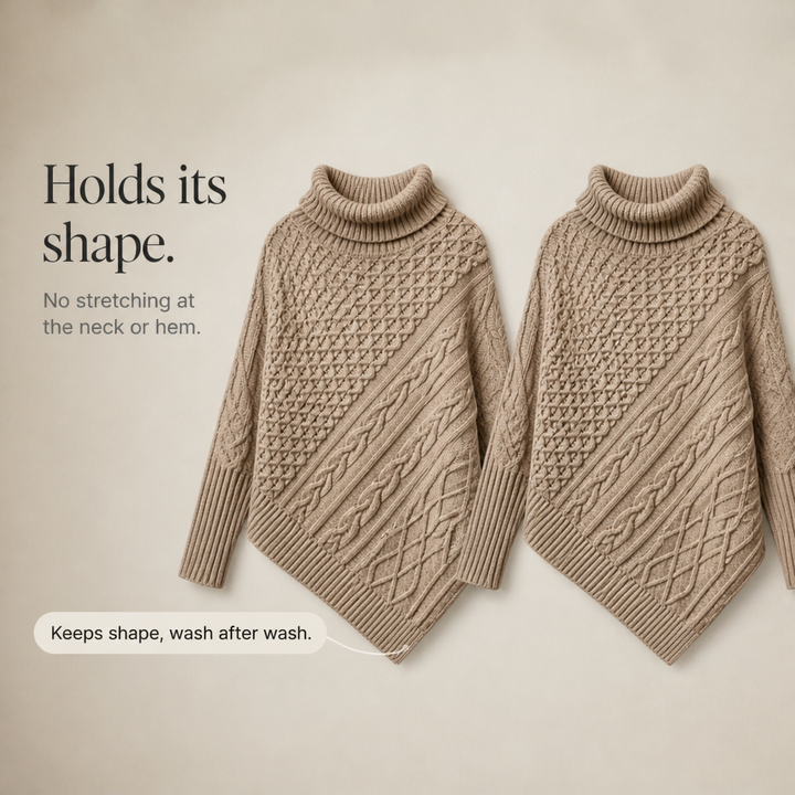 Cablelle Asymmetric Cable-Knit Turtleneck Poncho - Elena Harper