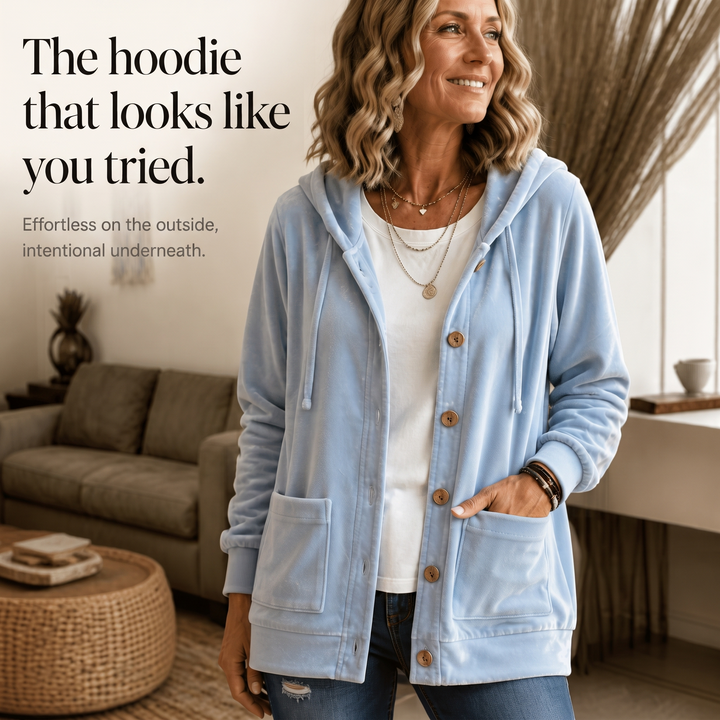 Coziva Hooded Button-Front Velour Cardigan - Elena Harper