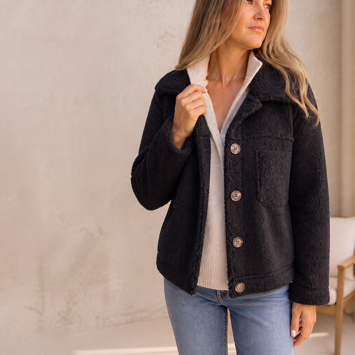 Ariane Curly Faux-Fur Button-Front Jacket - Elena Harper