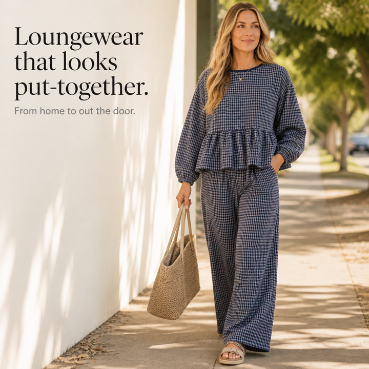 Elara Gingham Peplum Top And Wide-Leg Pants Set - Elena Harper