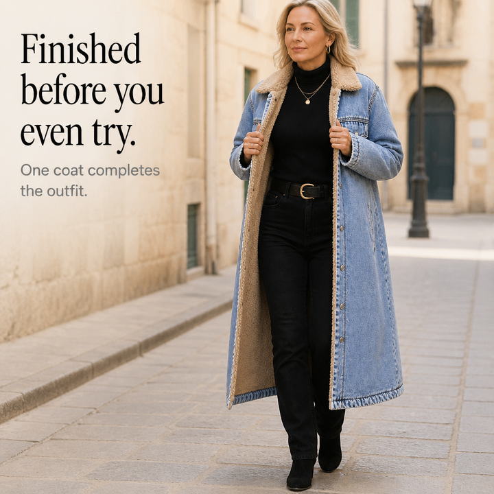 Denora Sherpa-Lined Full-Length Denim Coat - Elena Harper