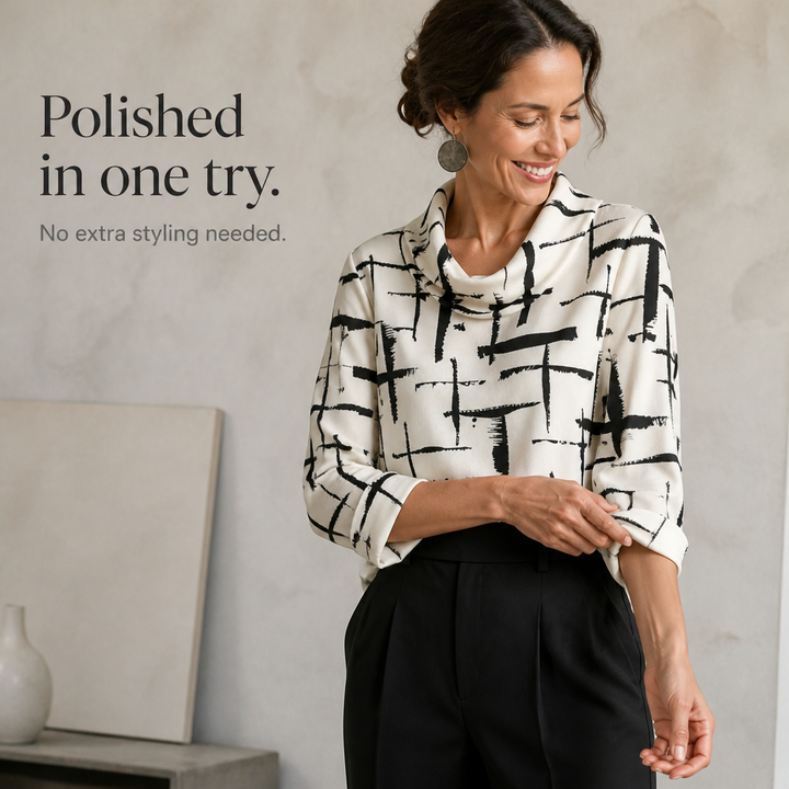 Cowlina Cross-Print Cowl-Neck 3/4-Sleeve Blouse - Elena Harper