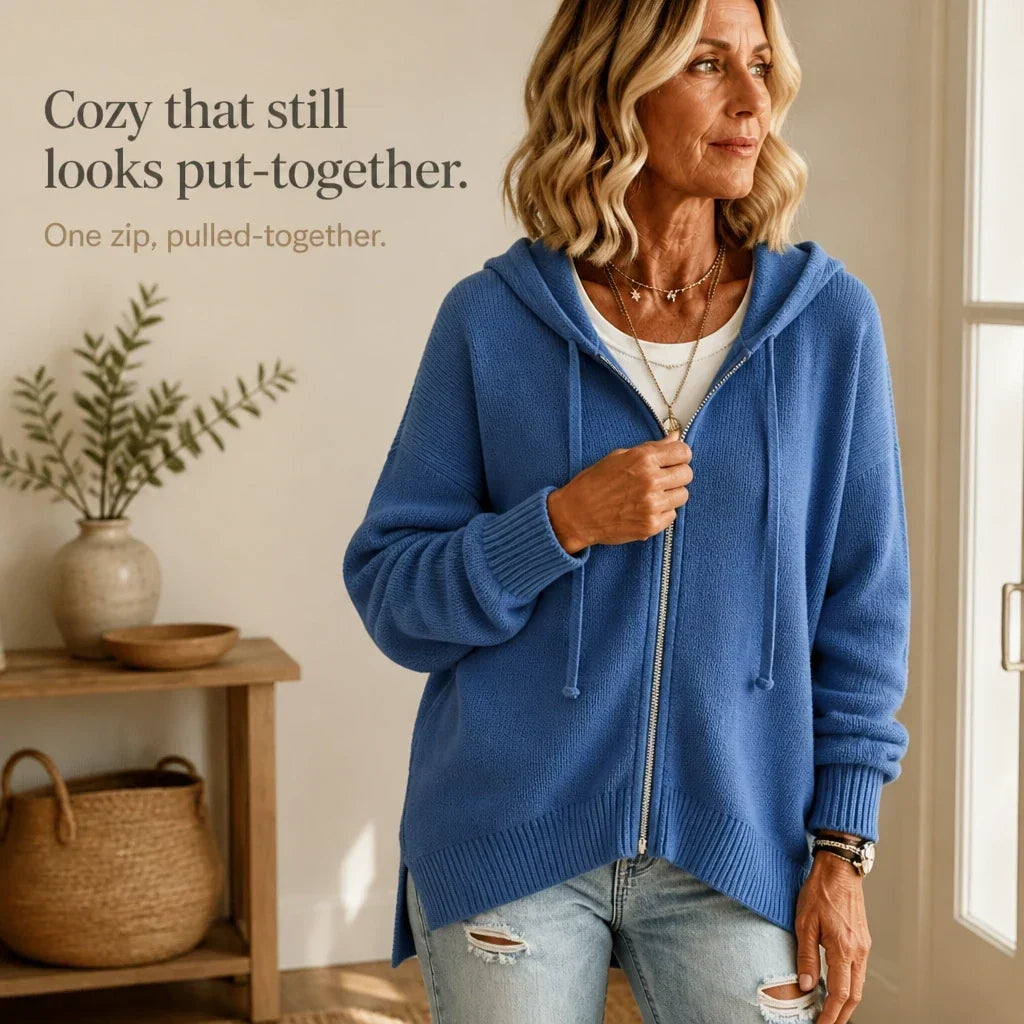 Cozyline Zip-Front Hooded Knit Cardigan - Elena Harper