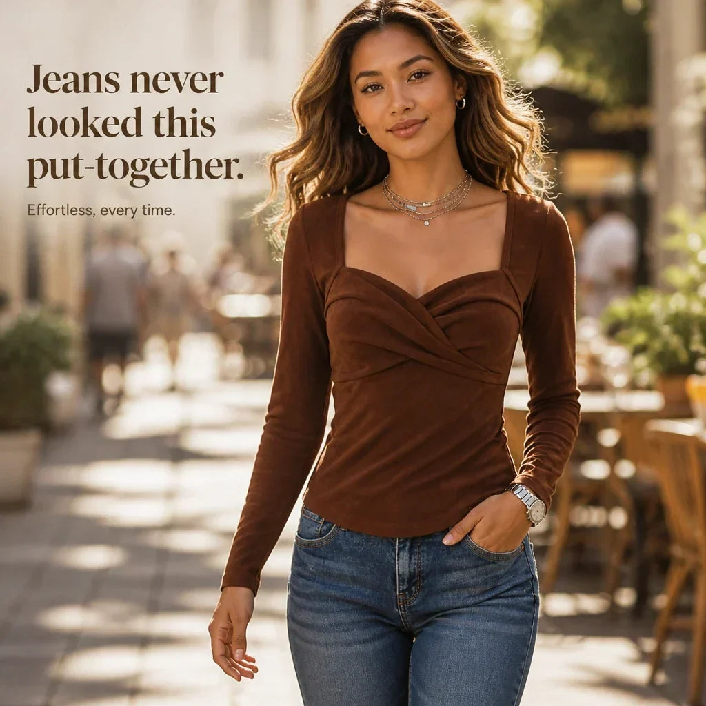 Amora Twisted-Front Sweetheart-Neck Long-Sleeve Top - Elena Harper