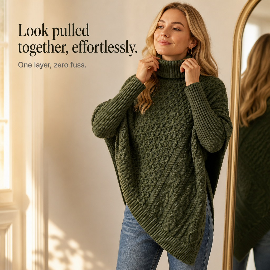 Cable & Cove Cable-Knit Turtleneck Poncho Sweater - Elena Harper
