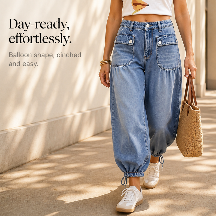 Balloon & Cinch Drawstring Cuff Wide-Leg Balloon Jeans - Elena Harper