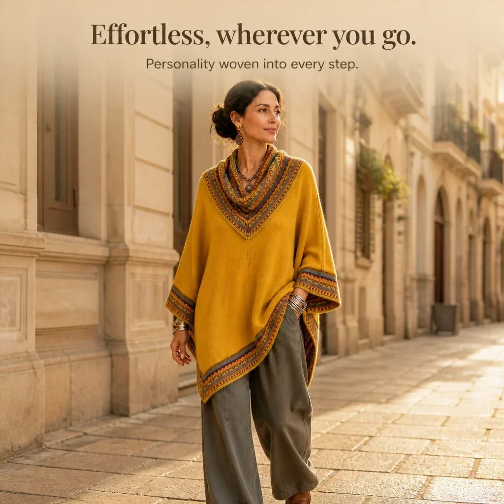 Cowl & Clover Geometric Cowl-Neck Knit Poncho Top - Elena Harper