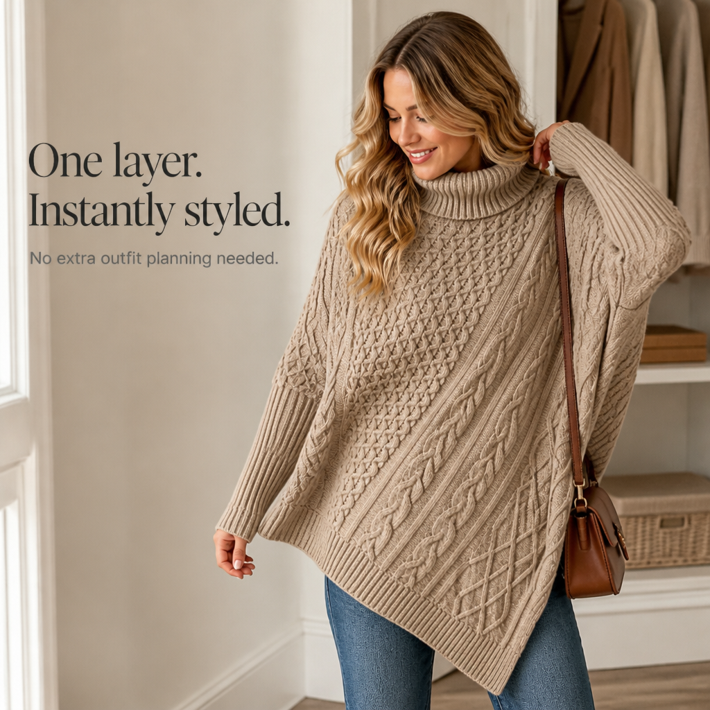 Cablelle Asymmetric Cable-Knit Turtleneck Poncho - Elena Harper