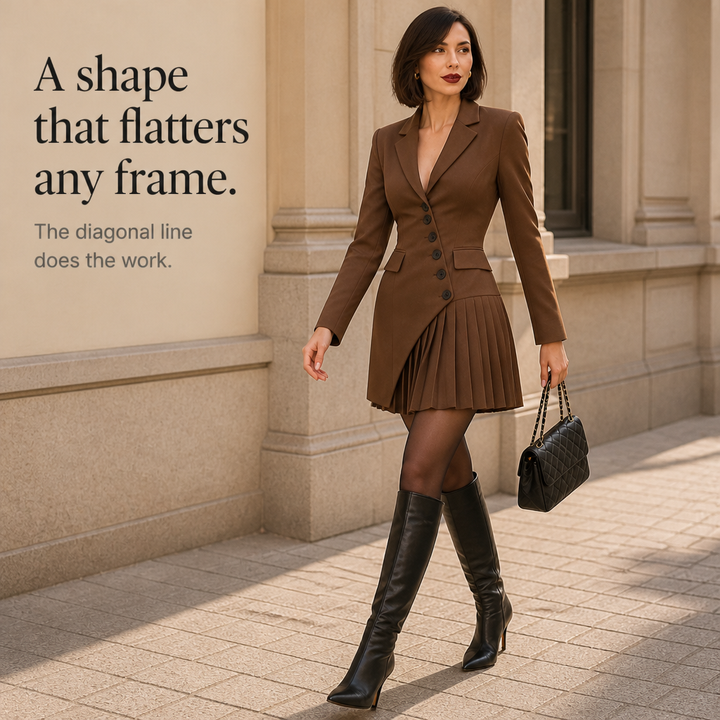 Blazelle Diagonal Button Asymmetric Pleated Blazer Mini Dress - Elena Harper