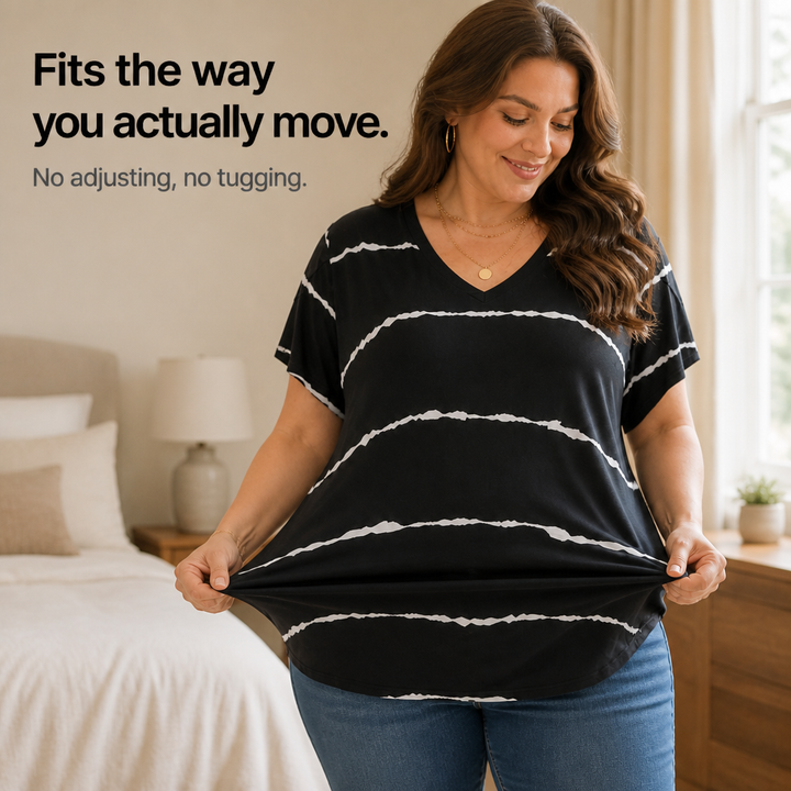 Curvella Striped V-Neck Stretch Knit Tee - Elena Harper