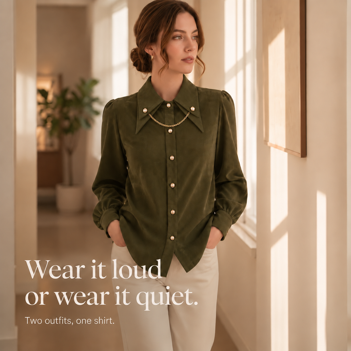 Corduvia Studded Collar Corduroy-Look Shirt With Detachable Chain - Elena Harper