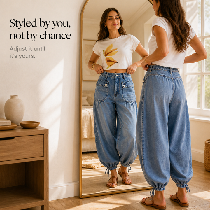 Balloon & Cinch Drawstring Cuff Wide-Leg Balloon Jeans - Elena Harper