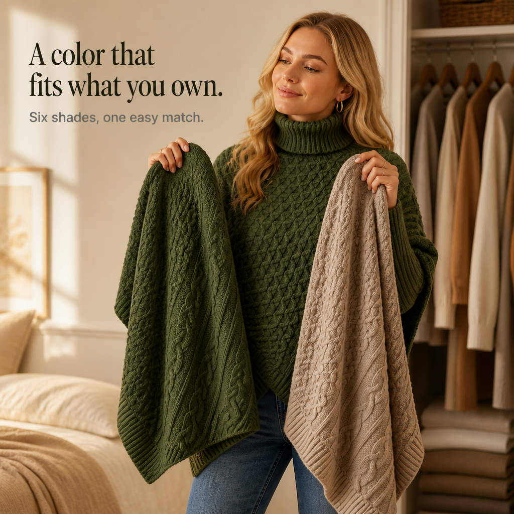 Cable & Cove Cable-Knit Turtleneck Poncho Sweater - Elena Harper