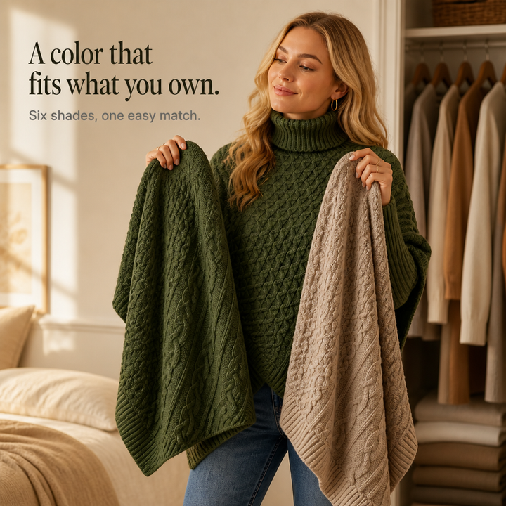 Cable & Cove Cable-Knit Turtleneck Poncho Sweater - Elena Harper