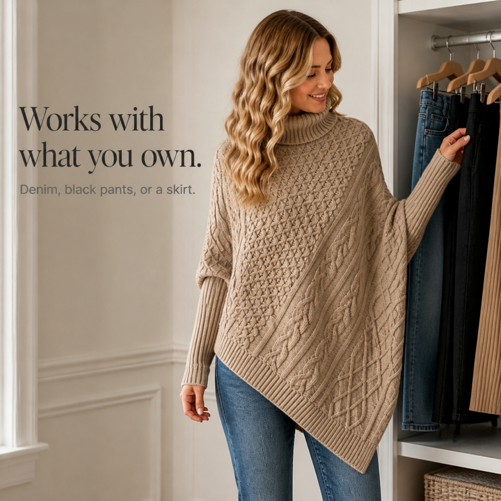 Cablelle Asymmetric Cable-Knit Turtleneck Poncho - Elena Harper