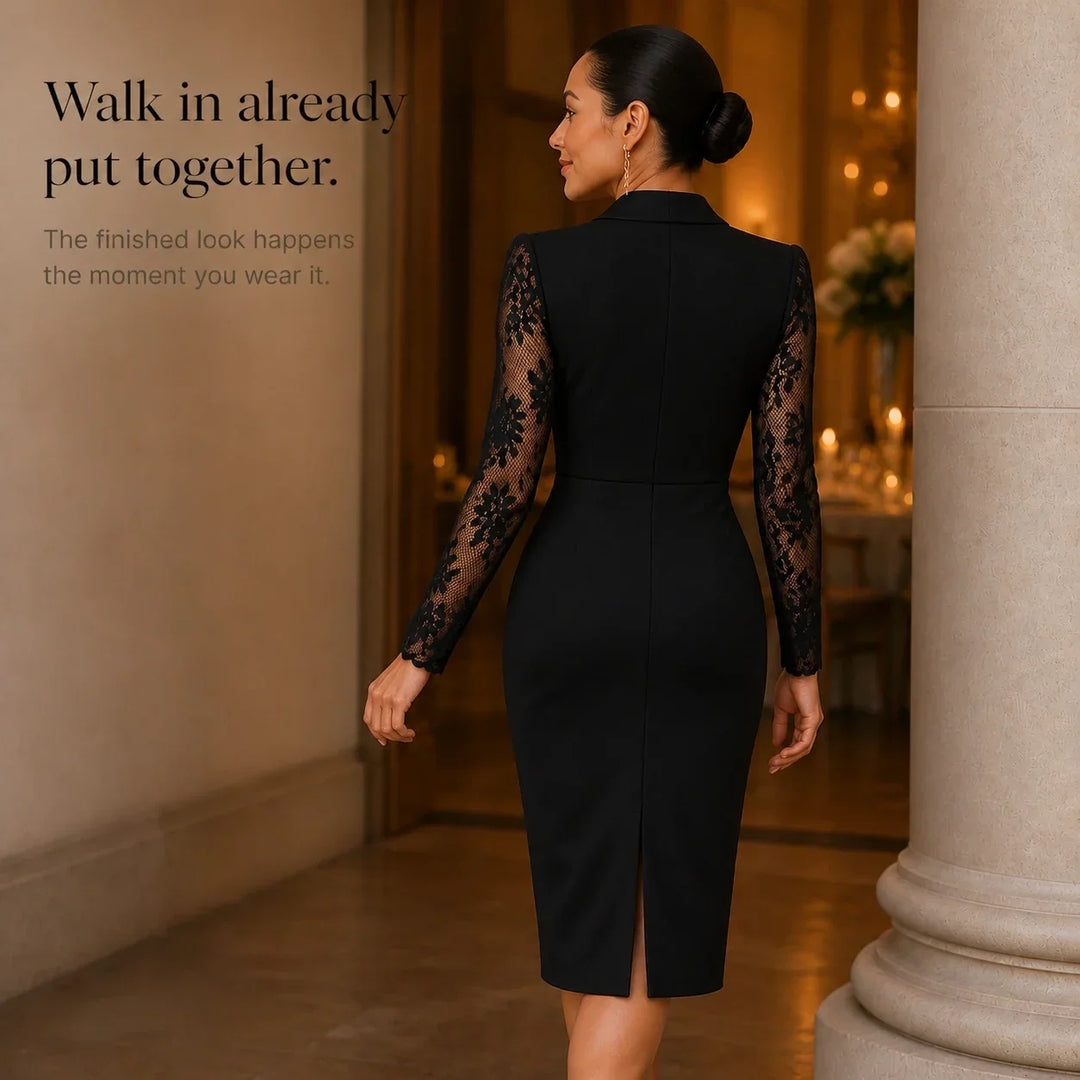 Belleform Lace-Sleeve Blazer-Wrap Asymmetric Hem Dress - Elena Harper