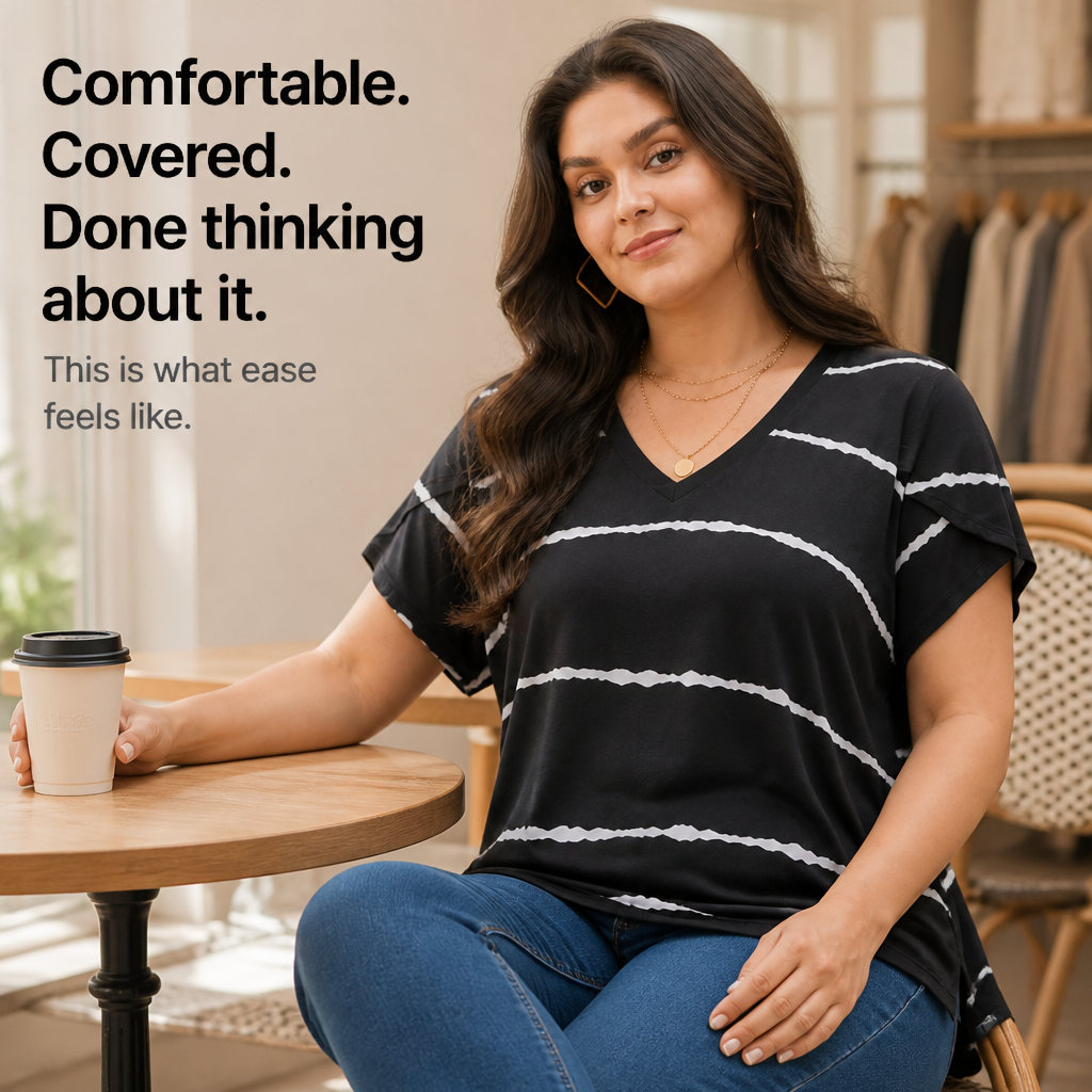 Curvella Striped V-Neck Stretch Knit Tee - Elena Harper