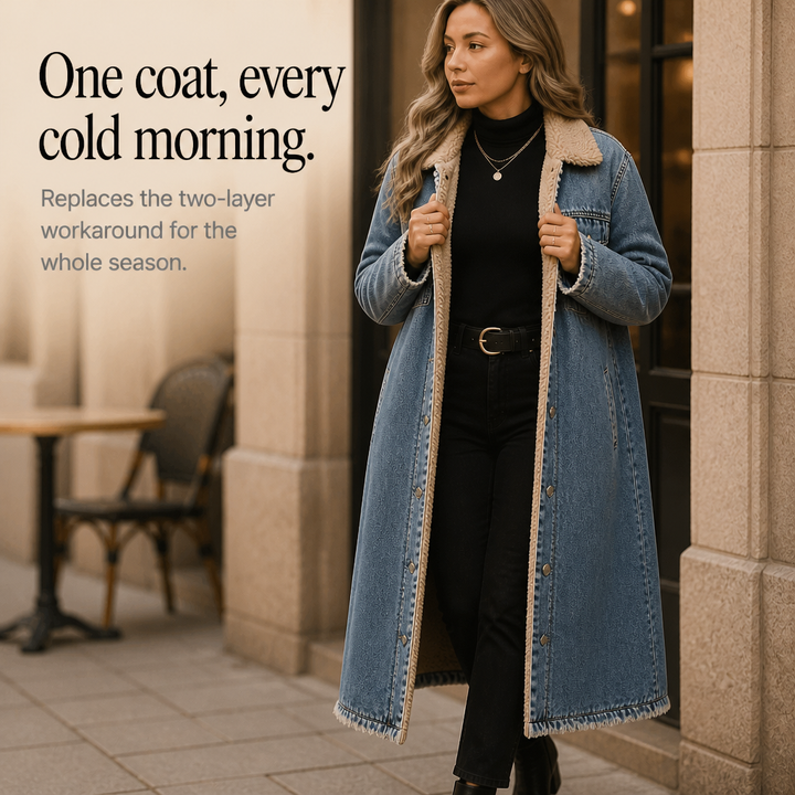 Denora Sherpa-Lined Full-Length Denim Coat - Elena Harper