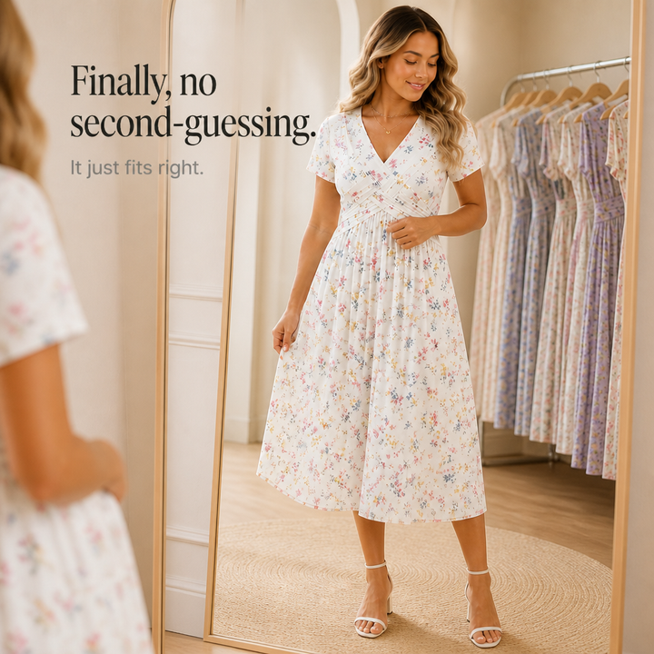Curvella Twist-Waist Floral V-Neck Midi Dress - Elena Harper
