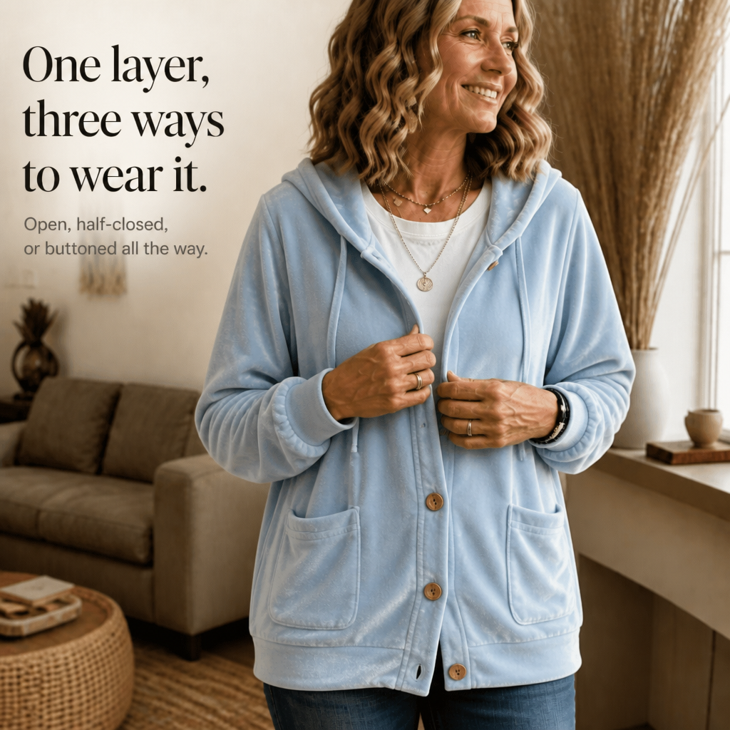 Coziva Hooded Button-Front Velour Cardigan - Elena Harper