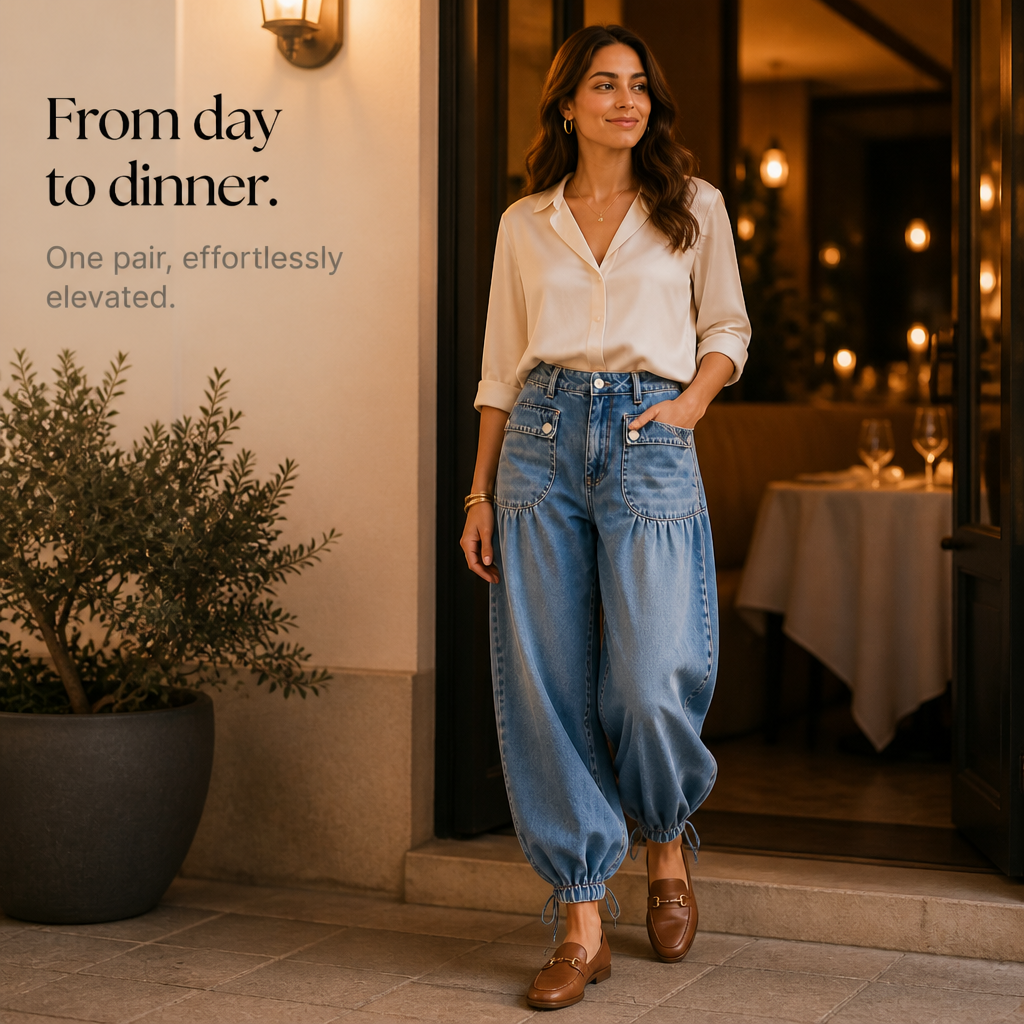 Balloon & Cinch Drawstring Cuff Wide-Leg Balloon Jeans - Elena Harper