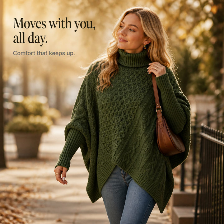 Cable & Cove Cable-Knit Turtleneck Poncho Sweater - Elena Harper