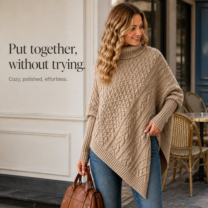 Cablelle Asymmetric Cable-Knit Turtleneck Poncho - Elena Harper