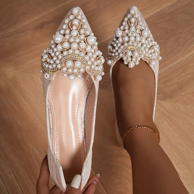 Women's Elegant Bridal Ballet Flats with Lace & Pearls for Weddings
