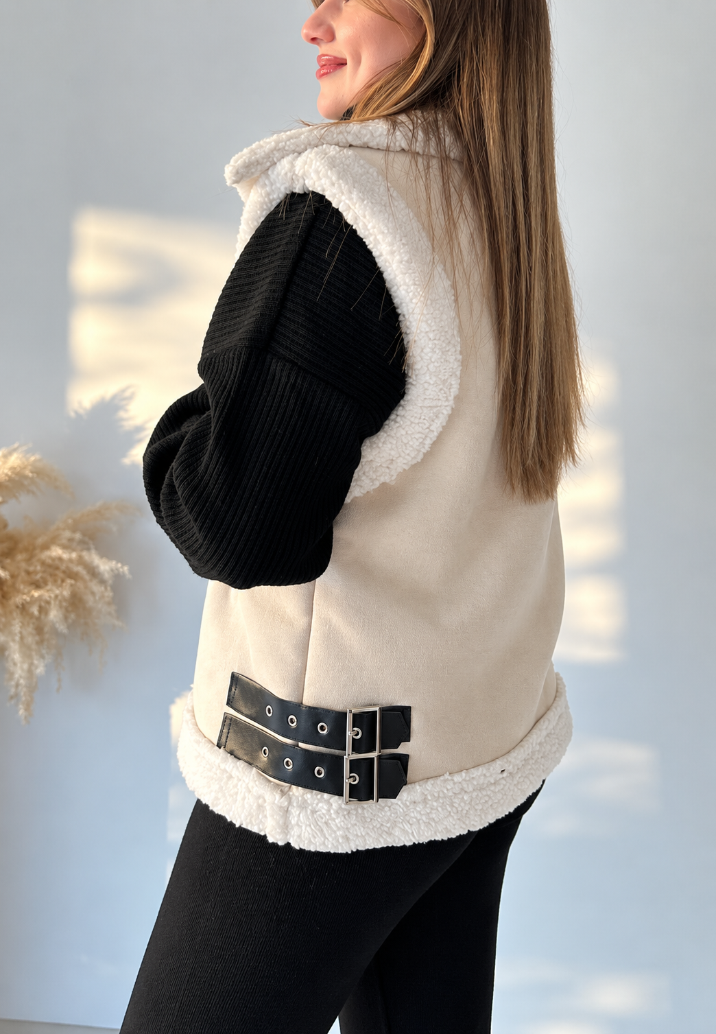 Suede Effect Vest with Shearling Effect Collar and Side Buckles - Lisette