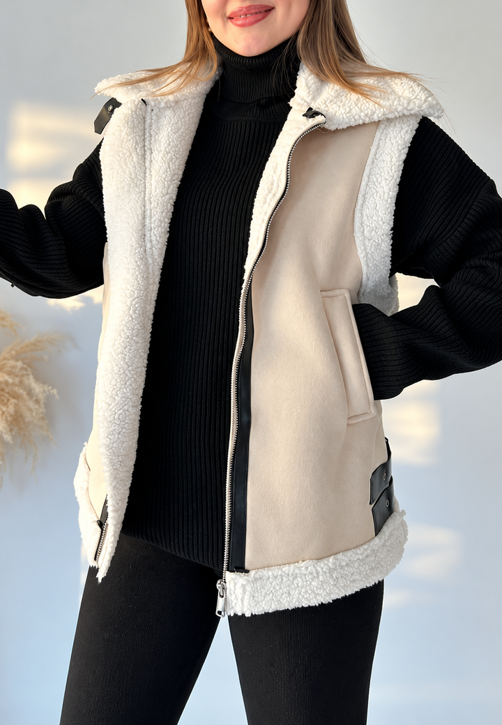 Suede Effect Vest with Shearling Effect Collar and Side Buckles - Lisette