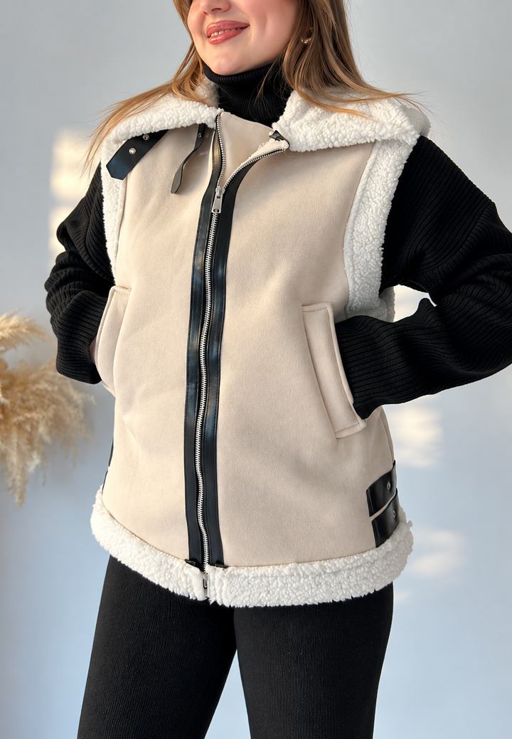 Suede Effect Vest with Shearling Effect Collar and Side Buckles - Lisette