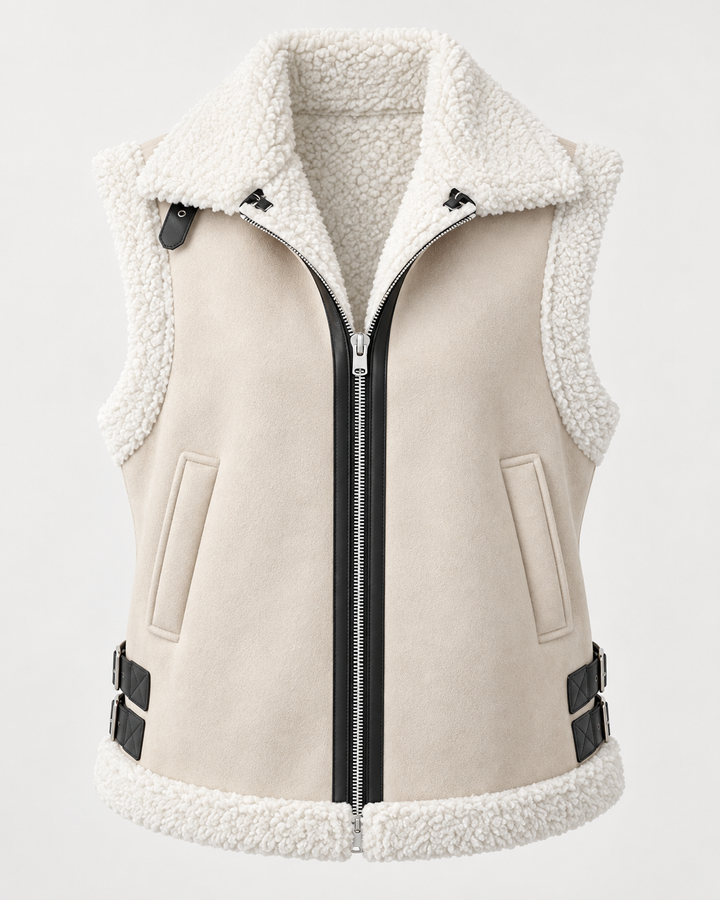 Suede Effect Vest with Shearling Effect Collar and Side Buckles - Lisette