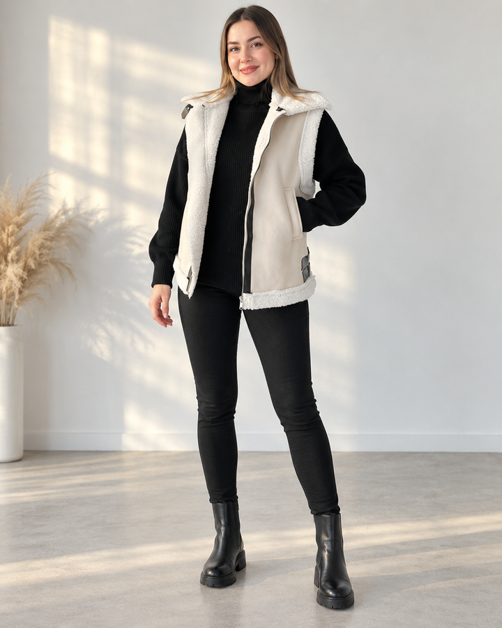 Suede Effect Vest with Shearling Effect Collar and Side Buckles - Lisette