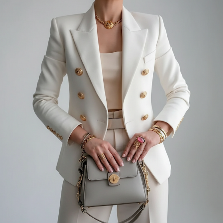 Women’s Double-Breasted Blazer with Pointed Collar and Gold-Colored Buttons