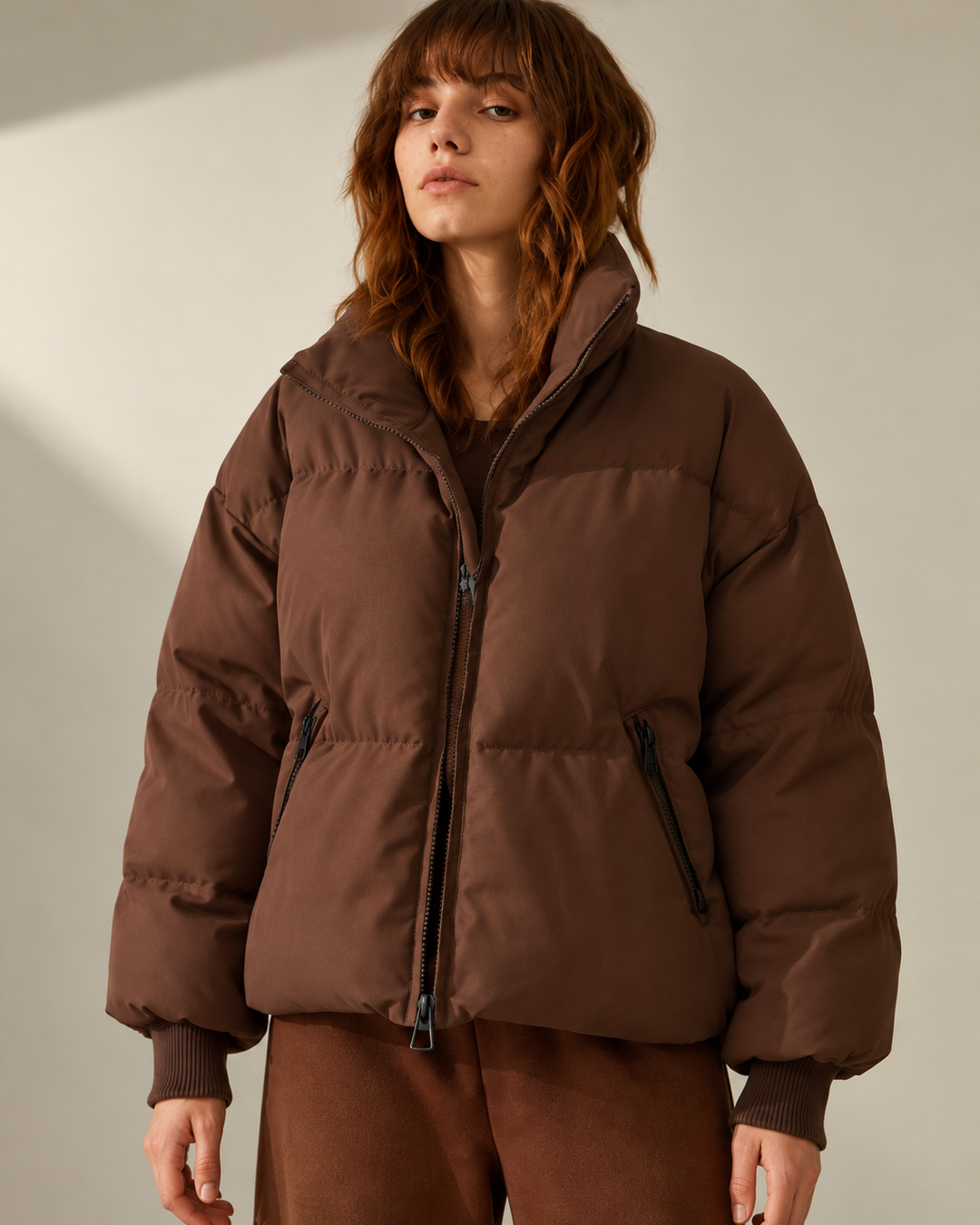 Oversized Women's Padded Jacket with High Neck and Zipper - Anouk