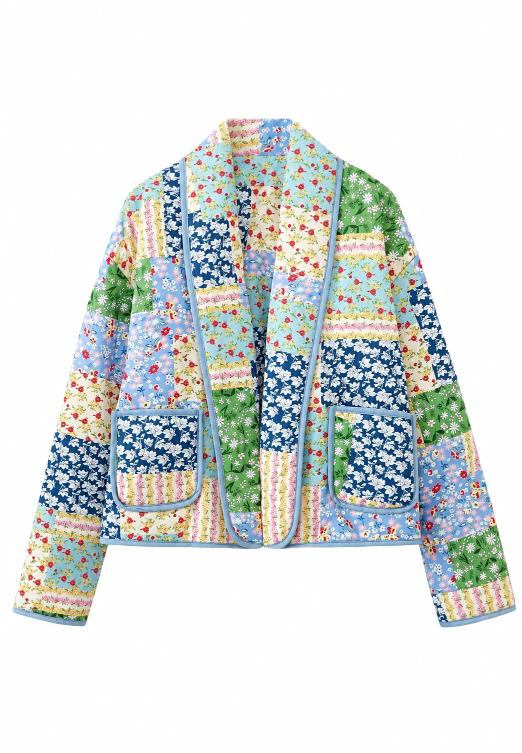 Women's Quilted Jacket with Floral Patchwork and Lapels - Bettina