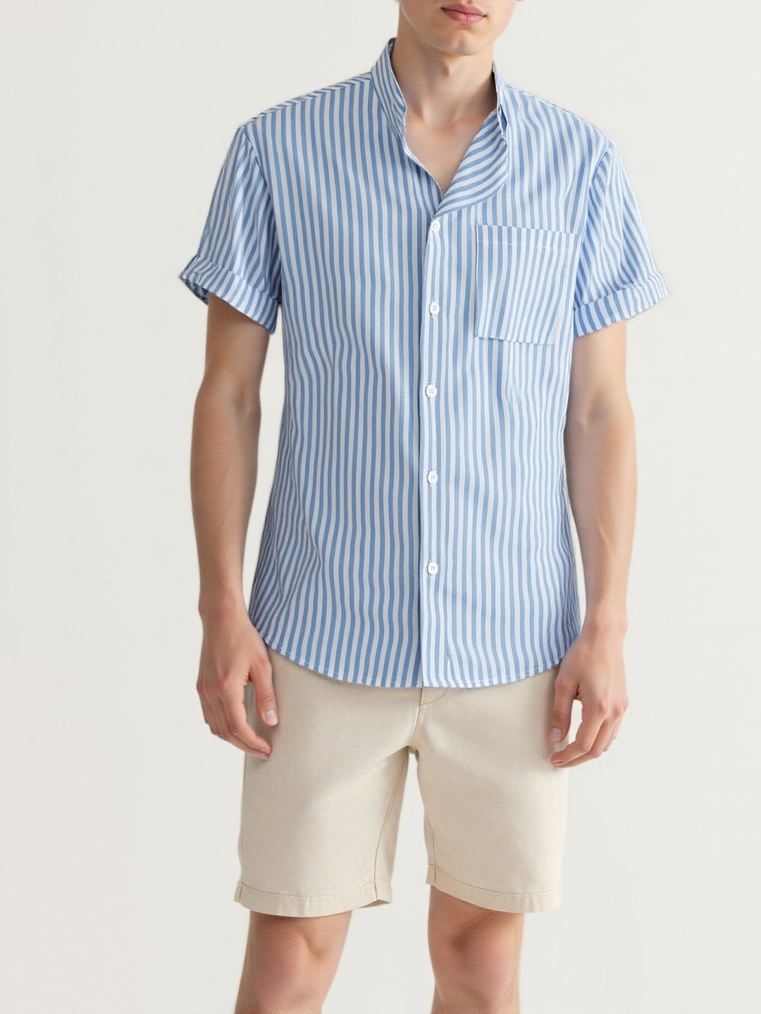 Men's Striped Mao Collar Shirt