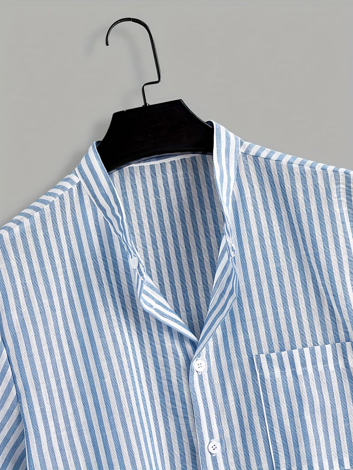 Men's Striped Mao Collar Shirt