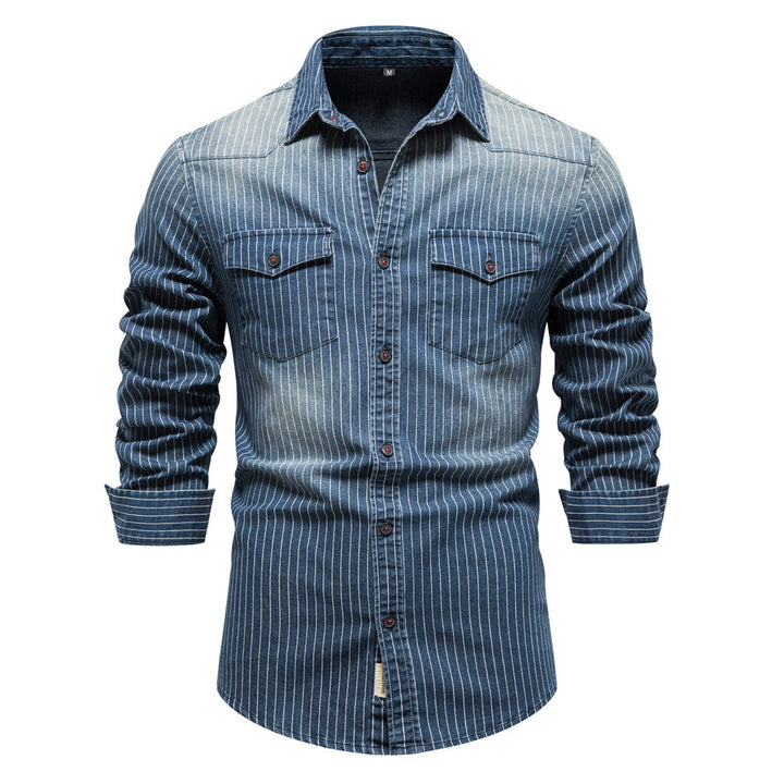 Men's Button-Up Striped Long Sleeve Shirt with Chest Pockets - Elena Harper