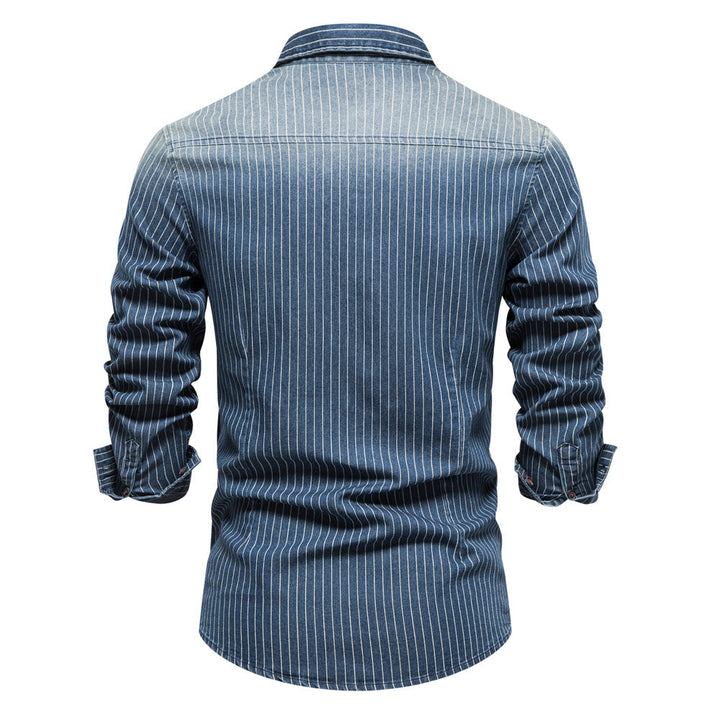 Men's Button-Up Striped Long Sleeve Shirt with Chest Pockets - Elena Harper