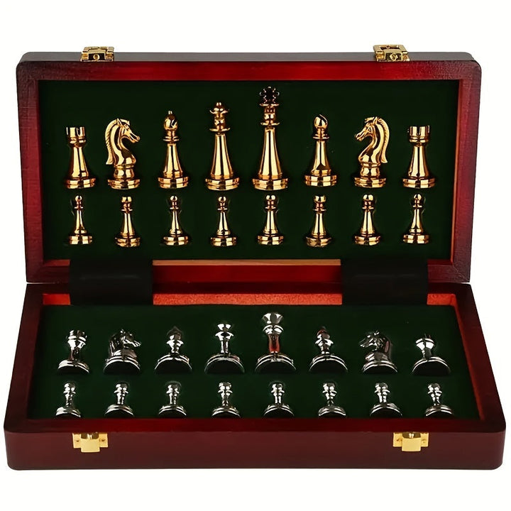 Classic Foldable Wooden Chess Set with Metal Pieces