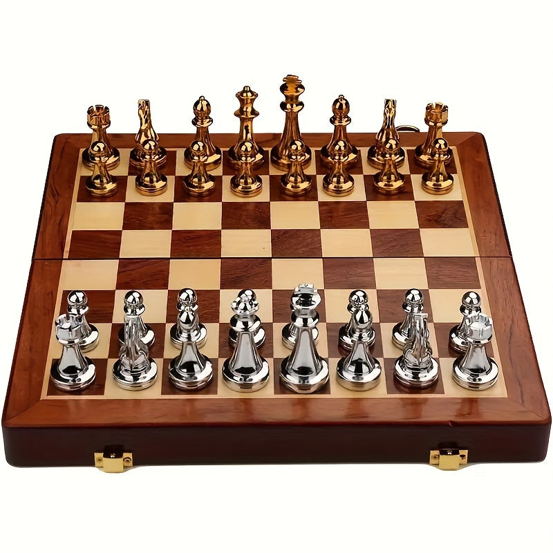 Classic Foldable Wooden Chess Set with Metal Pieces