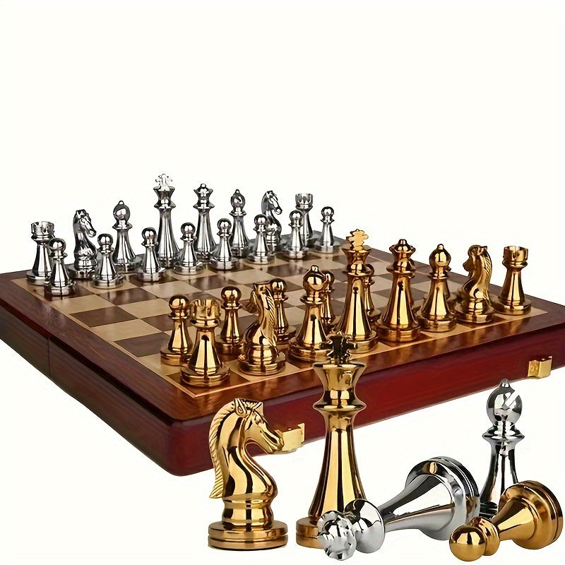 Classic Foldable Wooden Chess Set with Metal Pieces