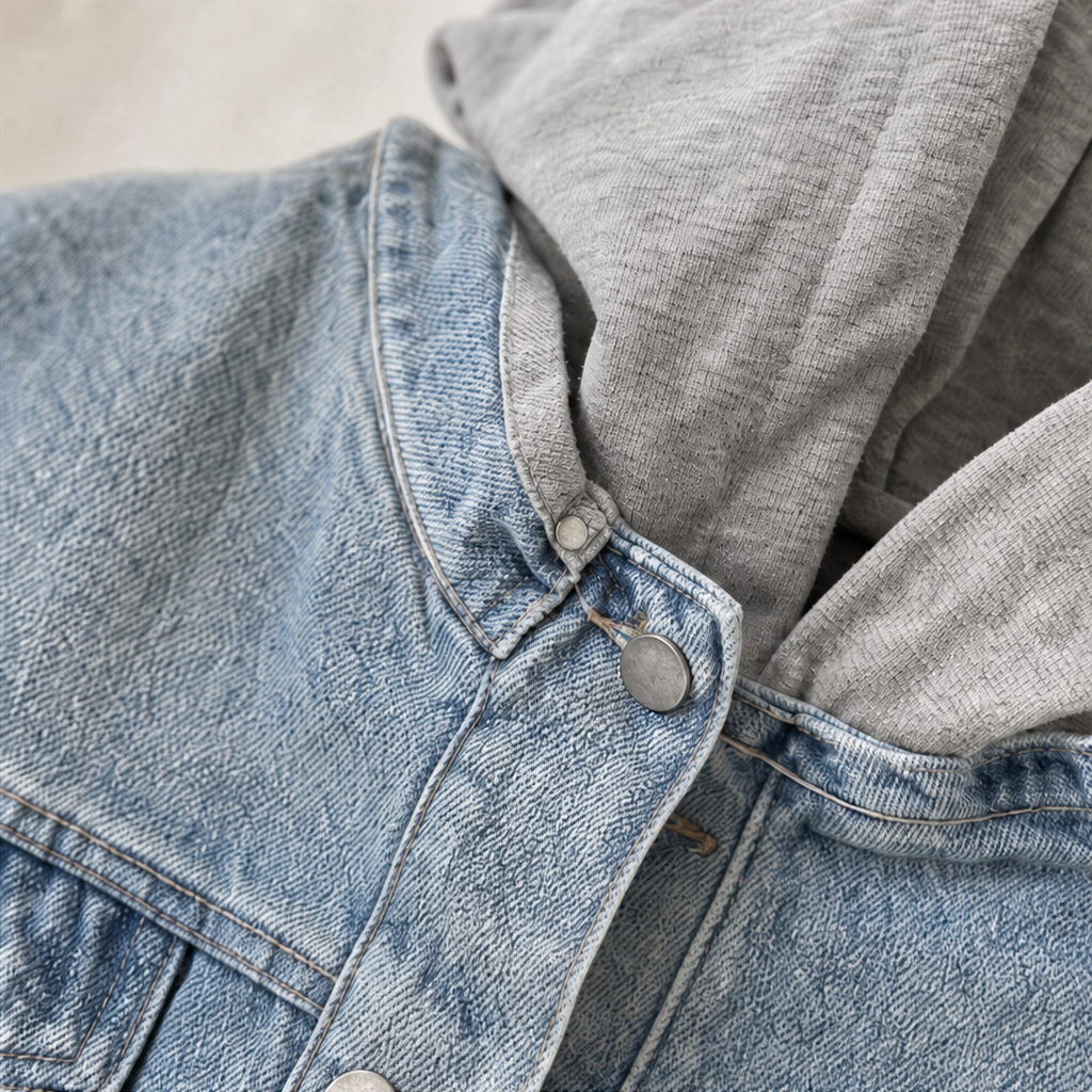 Denimova Washed Denim-Look And Hooded Sweatshirt Jacket - Elena Harper
