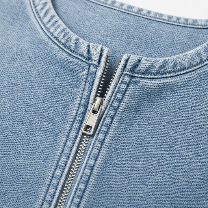 Deniva Denim-Textured Half-Zip Pullover - Elena Harper