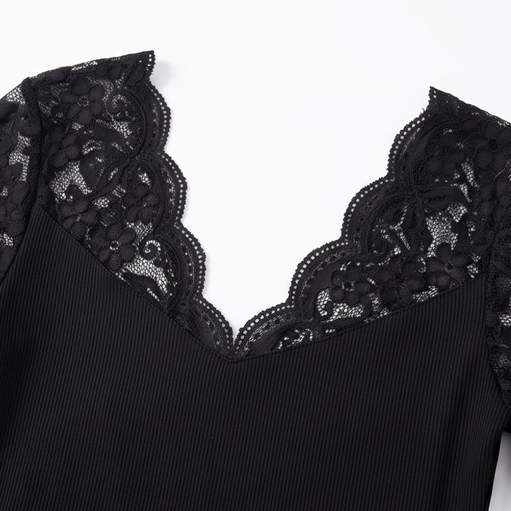 Curvella Ribbed Scallop Lace-Look Trim Fitted Top - Elena Harper