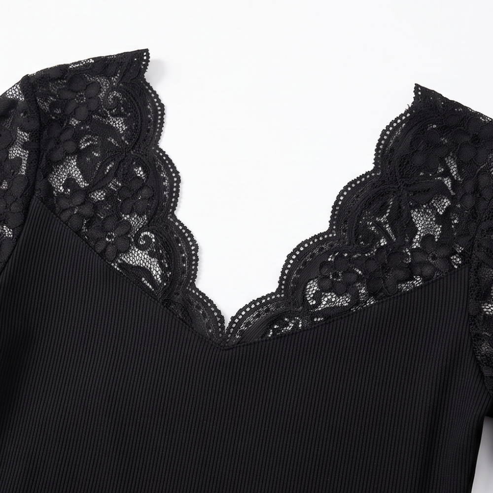 Curvella Ribbed Scallop Lace-Look Trim Fitted Top - Elena Harper